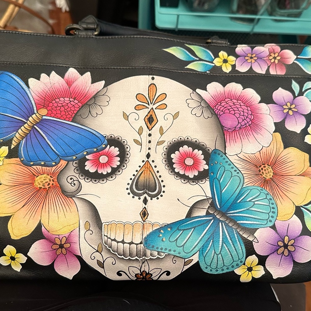 Anuschka Black Shoulder Bag with Colorful Floral and Butterfly Design